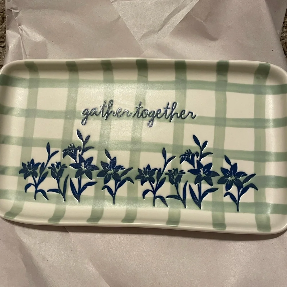 Rae Dunn Green and Blue Plaid Ceramic Vanity Tray
